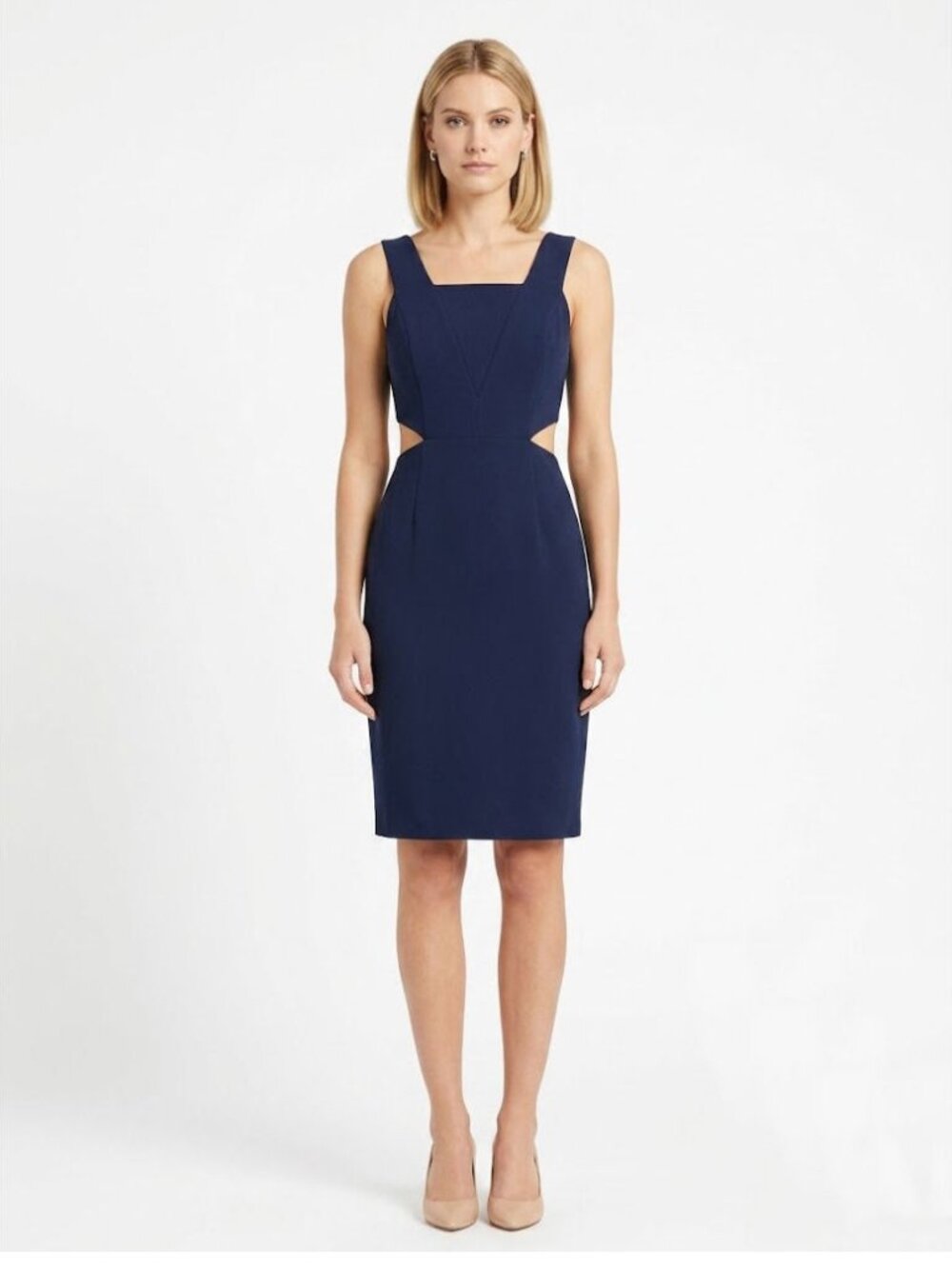 19 Cooper Side Cutout Sleeveless Sheath Cocktail Dress, Navy Blue, Womens Size M